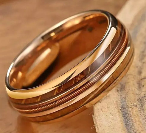 Men 8mm Tungsten Guitar String Whisky Barrel Wood Inlay Engagement Wedding Band